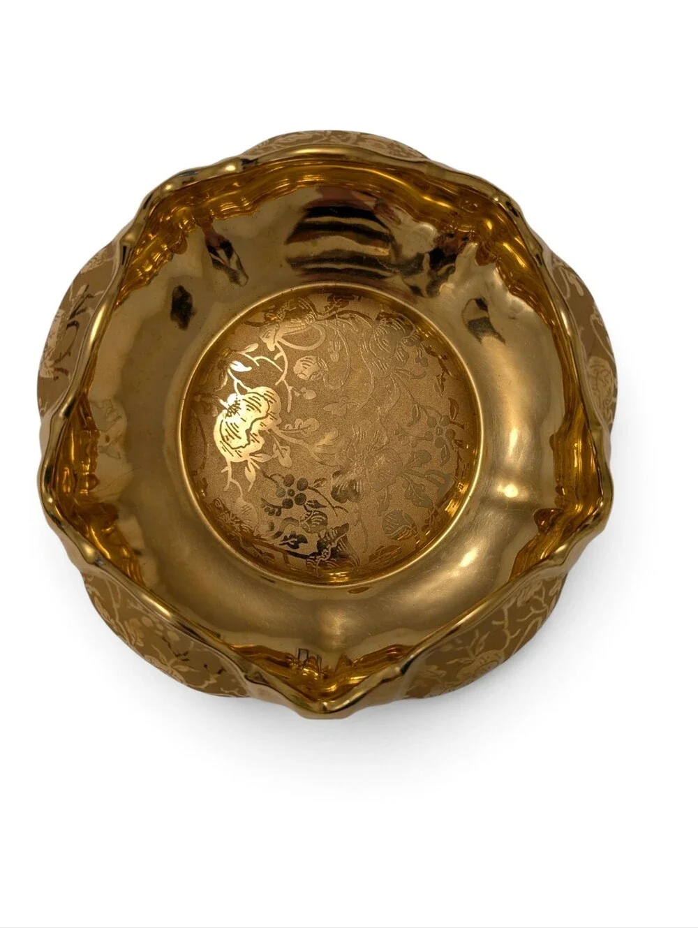 VINTAGE 21KT Porcelain Gold Bold Scalloped Floral Accent Bowl 7